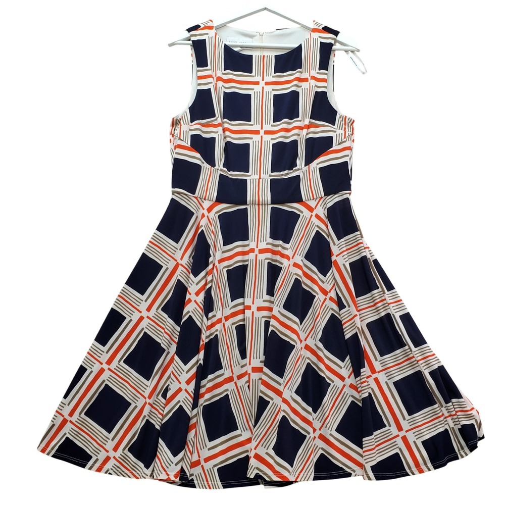 Donna Morgan Fit & Flare Dress Womens 10 Navy Orange Geometric Grid‎ Sleeveless